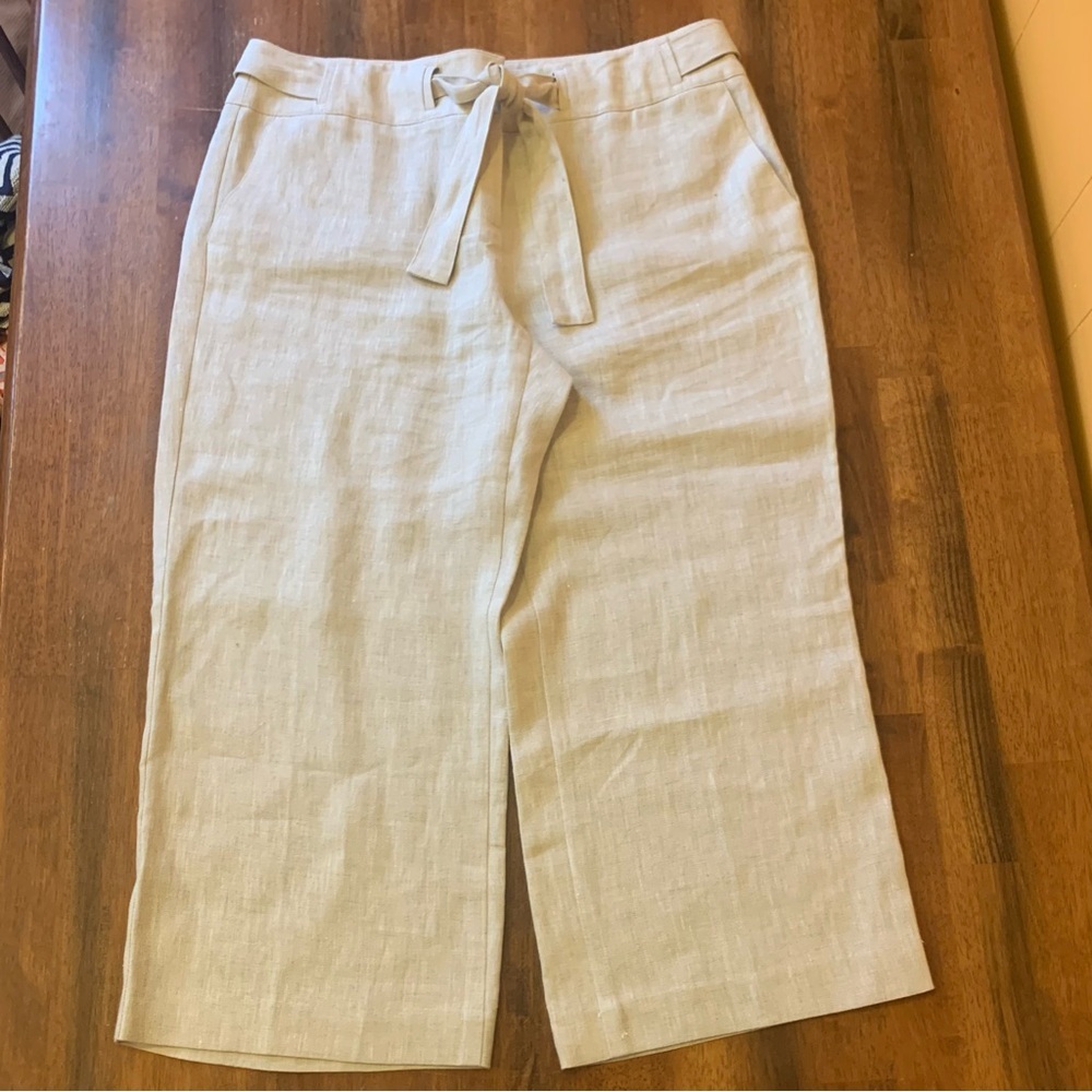 Talbots cropped pants 14 100% pure Irish Linen khaki wide leg contour tie waist